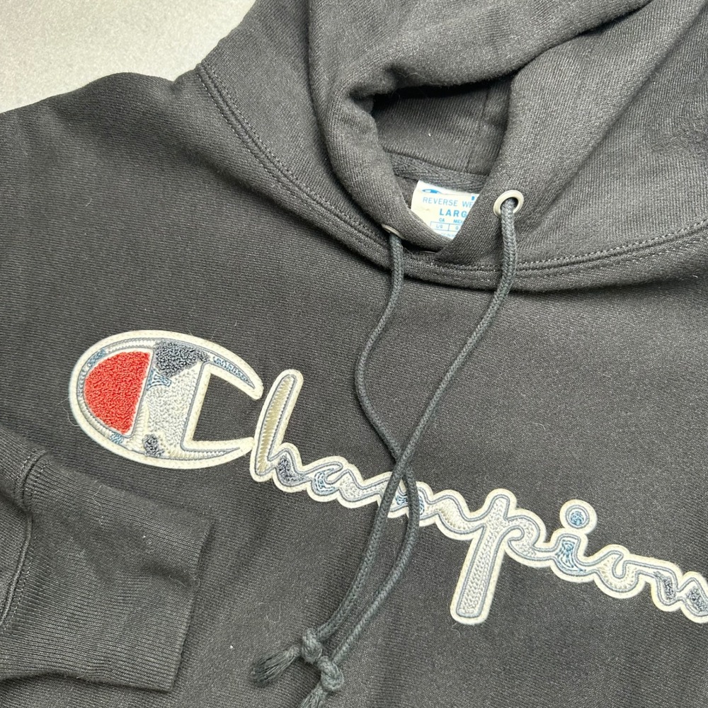 Champion Reverse Weave Hoodie Mens Large Black Chenille Logo GF68 Pullover